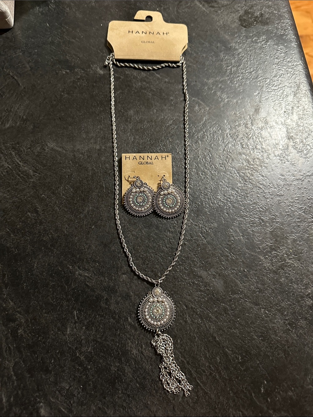 Hannah Silver-Tone Filigree Necklace and Earring Set with Teal Accents